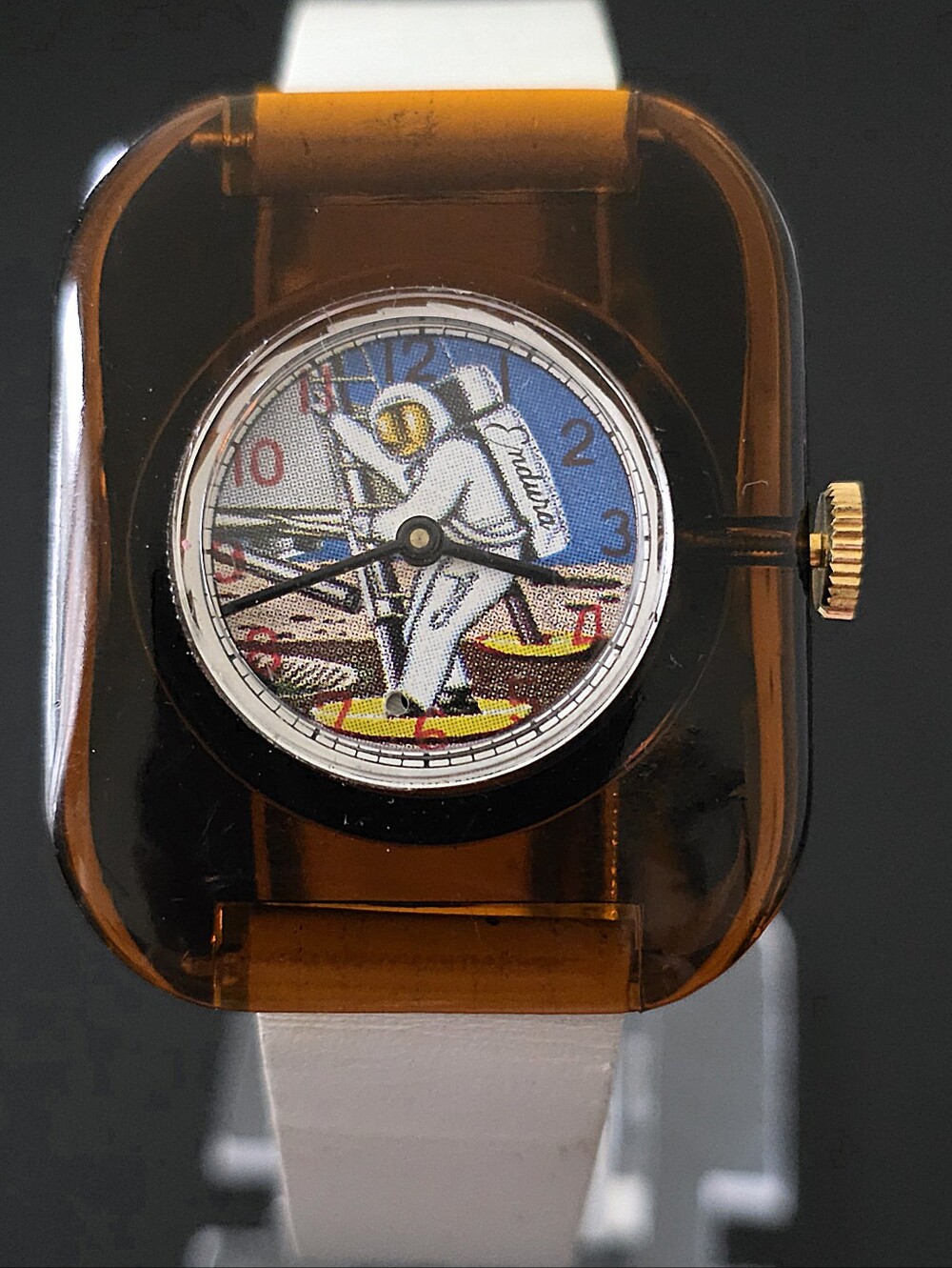 VTG RARE Endura Astronaut On Moon Acrylic Manual Swiss Watch PARTS OR REPAIR